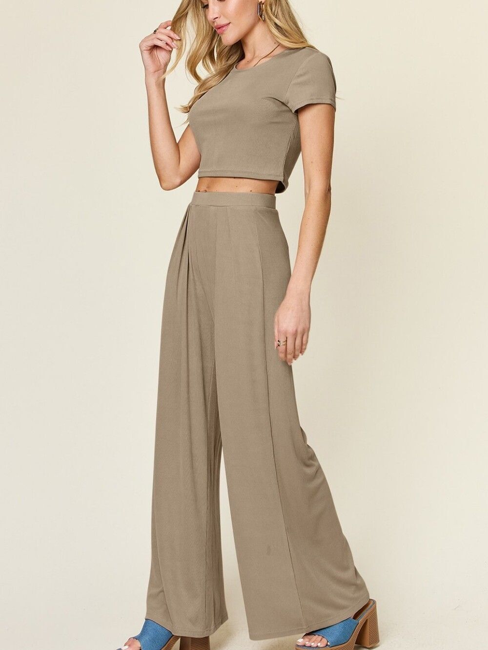 Matching Cropped Top + Wide Leg High-Waist Pants - Taupe